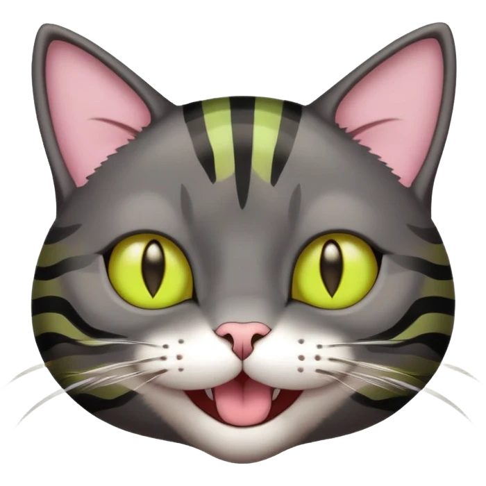 Head of a dark gray-brown striped cat with yellow-green intelligent eyes, eyes outlined in black, nose light pink, cat laughing  emoji