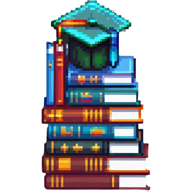 Terraria style pixel art stack of colorful books with a graduation cap on top emoji
