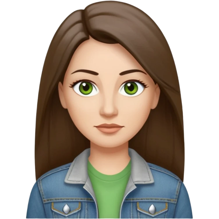 43 year old Adult woman avatar, light skin tone, long, oval face, long straight ashy brown hair, green almond-shaped eyes with dramatic eyelashes and minimal eyeliner, neutral mouth, medium straight eyebrows, small nose, smooth skin,  white t shirt, denim jacket emoji