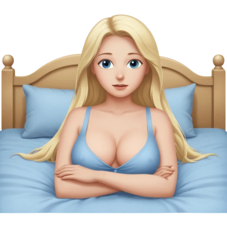 busty pawg long blonde hair pale blue eyes intimate bed pose sfw emoji