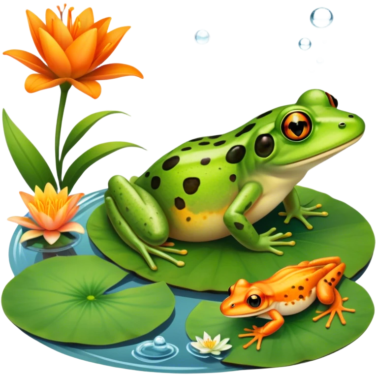 Icon for Amphibians: A colorful collage featuring a frog sitting on a lily pad, a salamander crawling on the ground and a newt swimming in water. The background features lily flowers and a calm pond setting. Transparent background. emoji