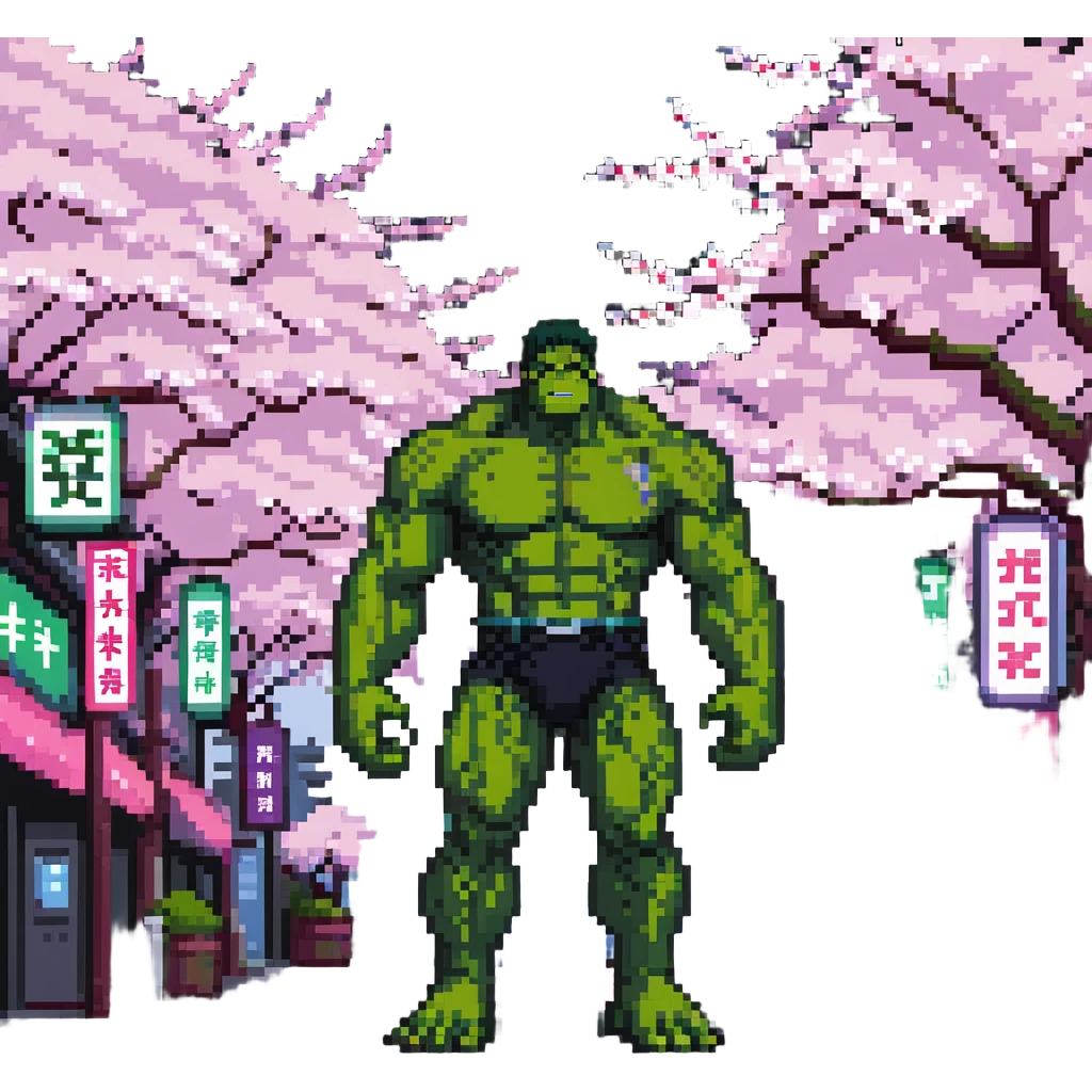 the Hulk standing in a Japanese city with cherry blossoms and neon signs emoji