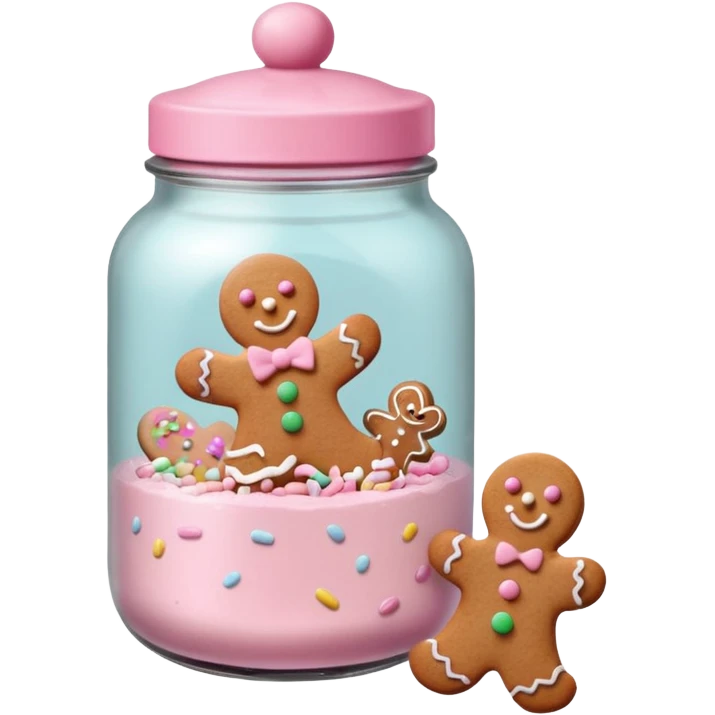 pastel pink christmas cookies in different shapes and one gingerbread man in pastel pink jar with pink lid  emoji