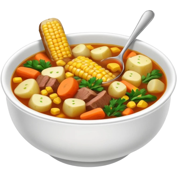 caldo de res in a bowl, beef soup with vegetables like corn, carrots, and potatoes, colorful emoji