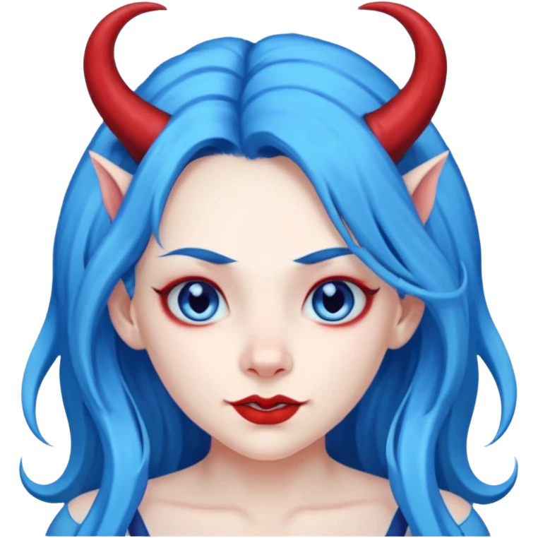 Female devil with long blue hair and horns,  cute face, half body emoji