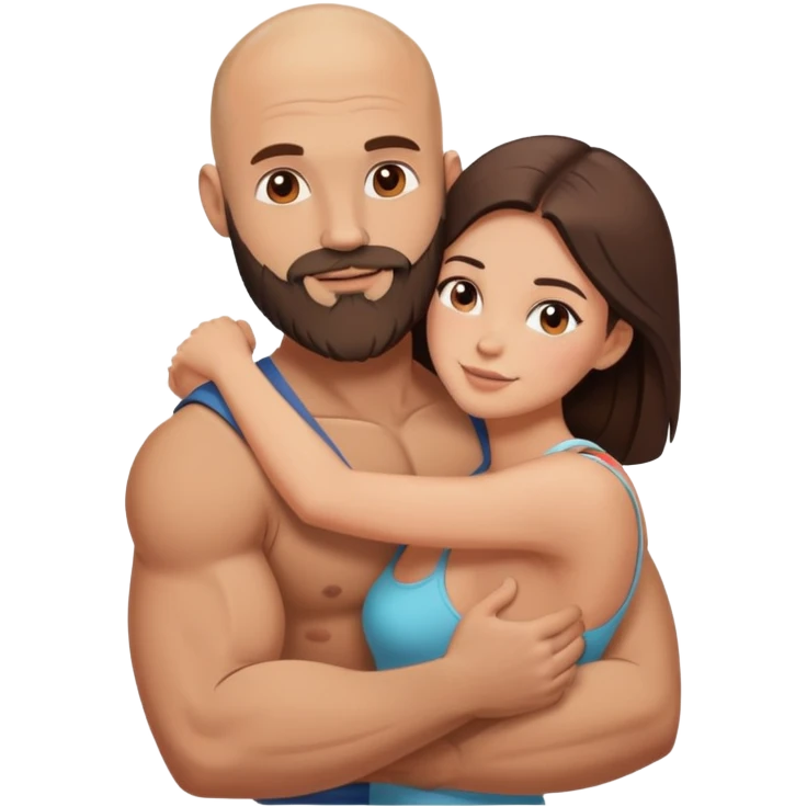 Muscular Bald man with a beard hugging his young hot brunette wife emoji