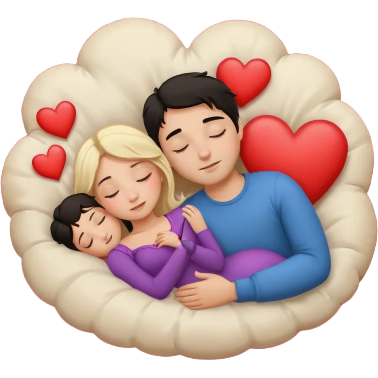 Sleeping romance couple. man has dark hair. woman is blonde. hearts around them. emoji