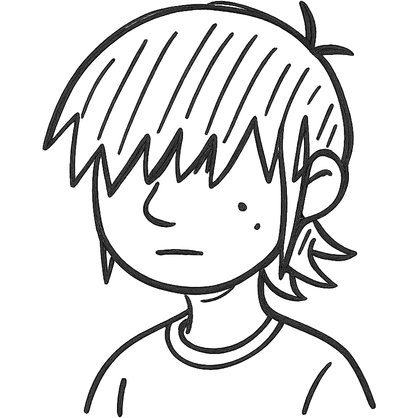 A boy with bangs covering his eyes, long hair sticking out at the back, and long sideburns. He has brown eyes and dark brown hair. He is wearing a maroon t-shirt and has an elongated jaw. He has two moles on the right side of his face, one below the eye and one on the cheek. emoji