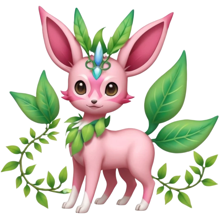 Rosy floral romantic cute Sylveon-Eevee-Celebi-Leafeon-Pokémon-Digimon-Fakémon-hybrid-fusion-creature with vines entangled around the legs and tail and neck emoji