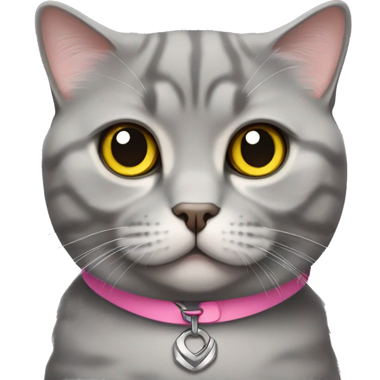 gray scottish fold cat with yellow eyes wearing a pink collar emoji