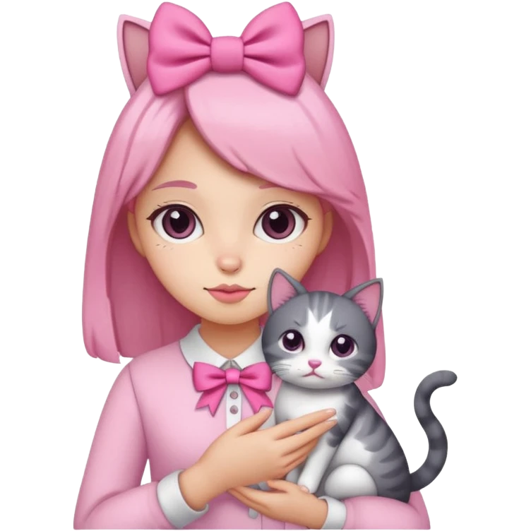 A gurl with pink bow holding a cat emoji