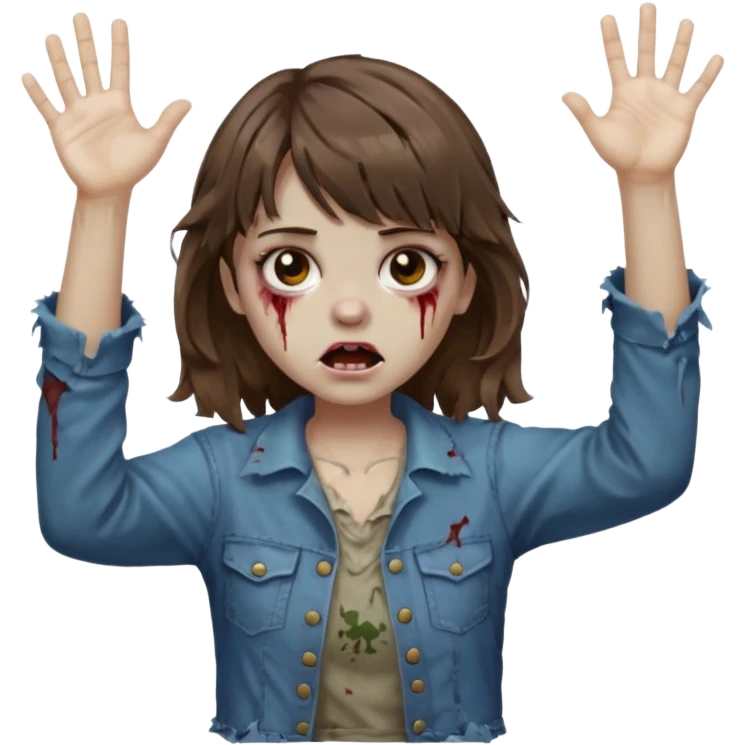 Uma menina zombie com um cabelo ondulado médio, com a franja pro lado esquerdo, o cabelo com cor castanho com as mão pra cima tipo zombie  emoji