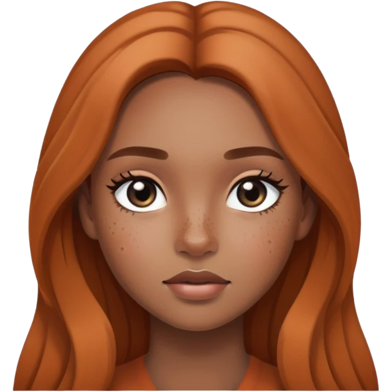 girl with long hair, black eyes, soft makeup, and freckles across her face emoji