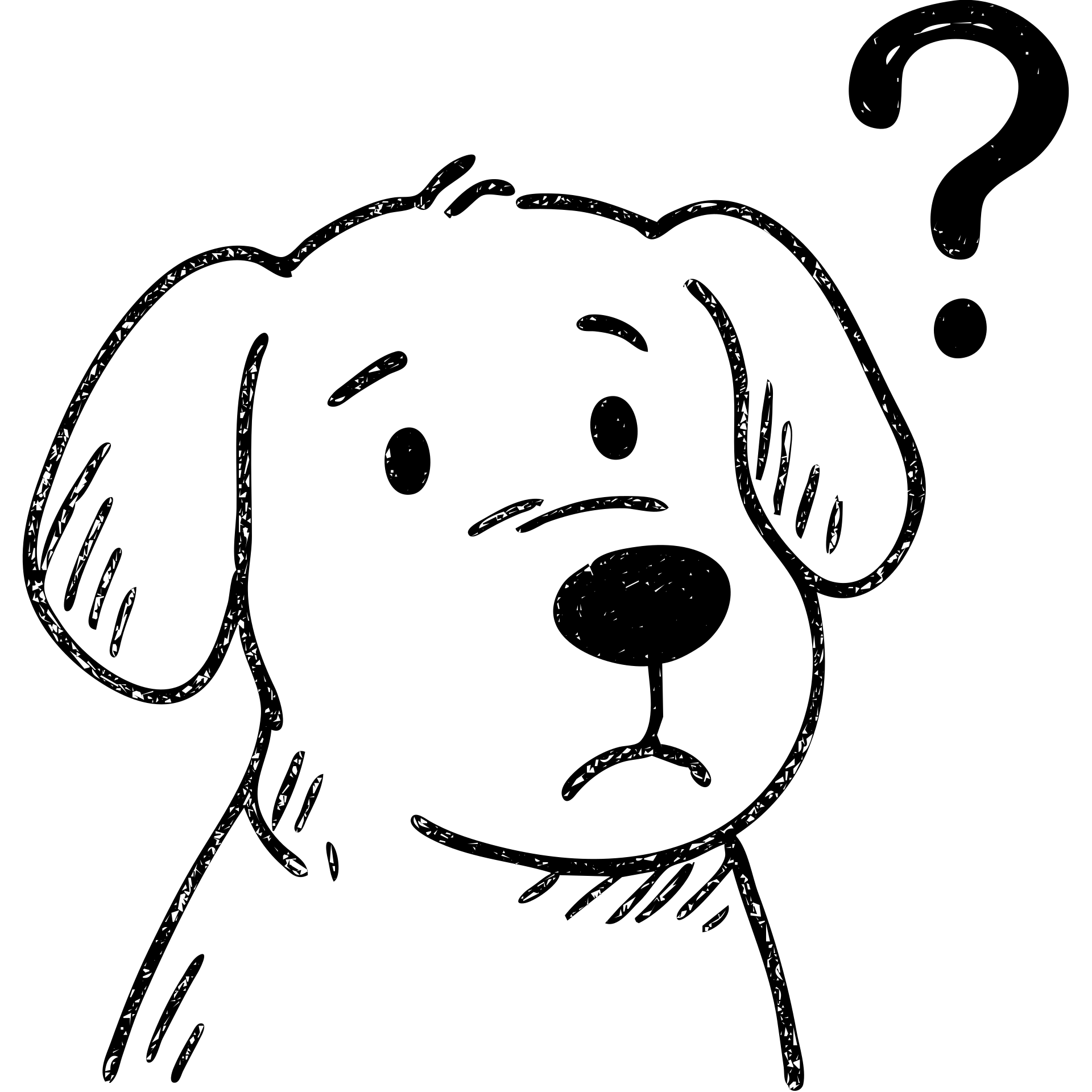 hand-drawn outline of a dog looking puzzled, question mark near face emoji