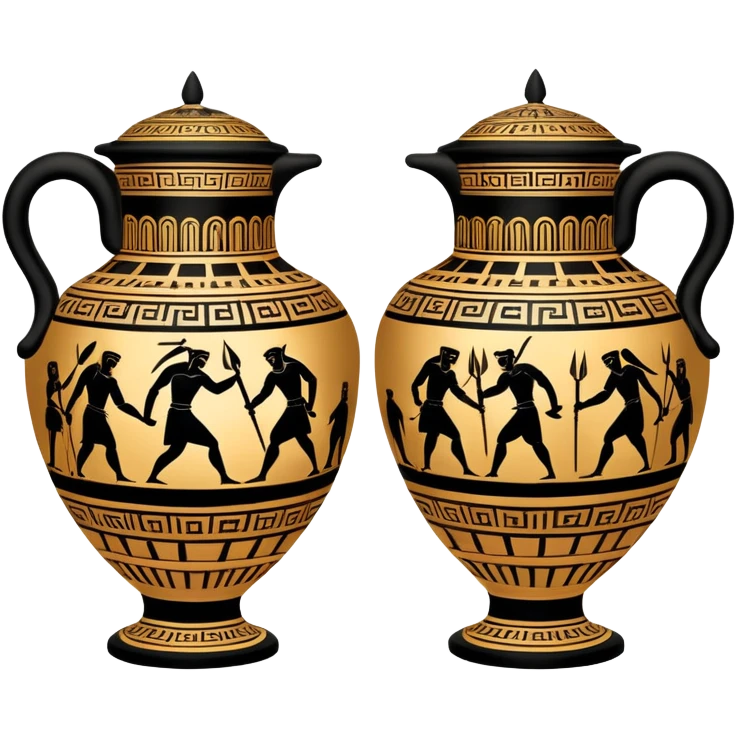 Cinematic-realistic Grecian urn, an exquisite black-figure pottery masterpiece resting in the dim glow of an ancient temple. Intricate golden depictions of two warrior fighting with spears and warriors encircle its curved form, telling timeless myths of heroism and tragedy.  emoji