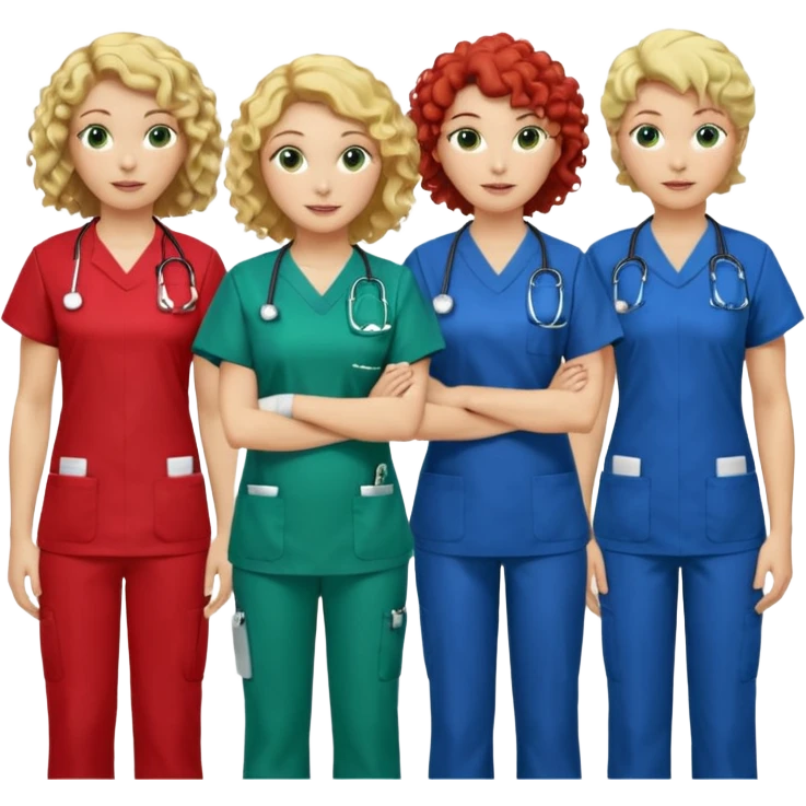 3 nurses: nurse 1 is wearing green work clothes, curly hair, middle european. nurse 2 is wearing blue work clothes, blond hair, scandinavic, nurse 3 is wearing white work clothes, red hair. they all stand in a classroom, "Academy" written in white on board emoji