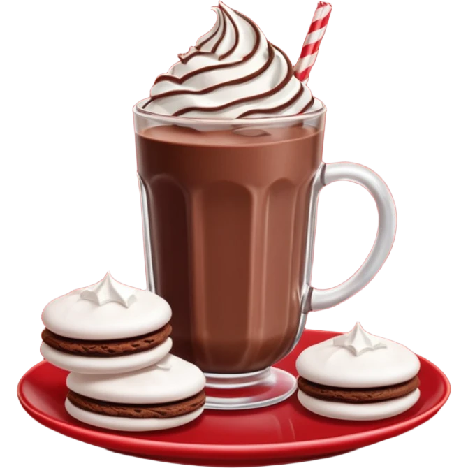 A glass of chocolate milk sits on a red saucer surrounded by chocolate cookies and sugar meringues. emoji