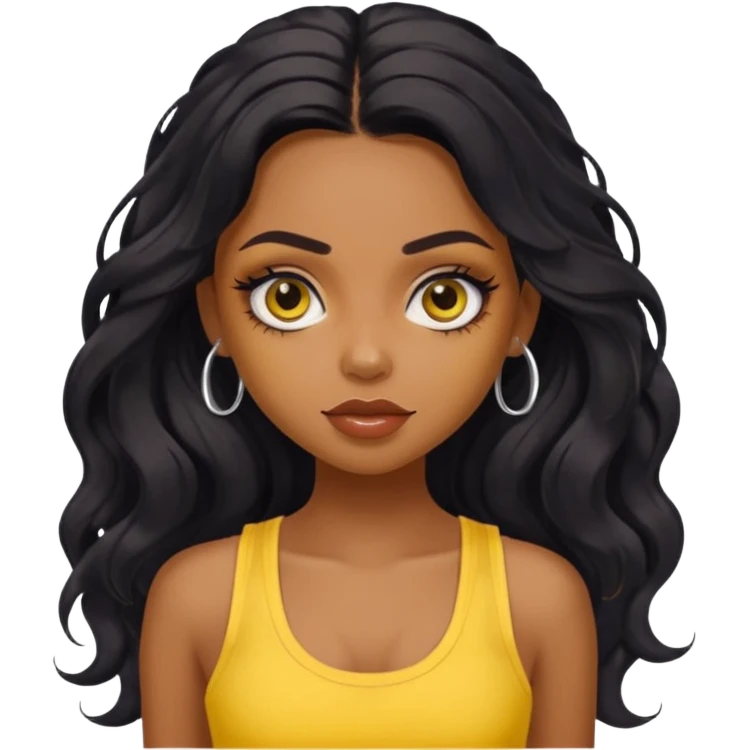 a pretty bratz dusky girl with long wavy black hair, kajal under eyes, yellow tank top emoji