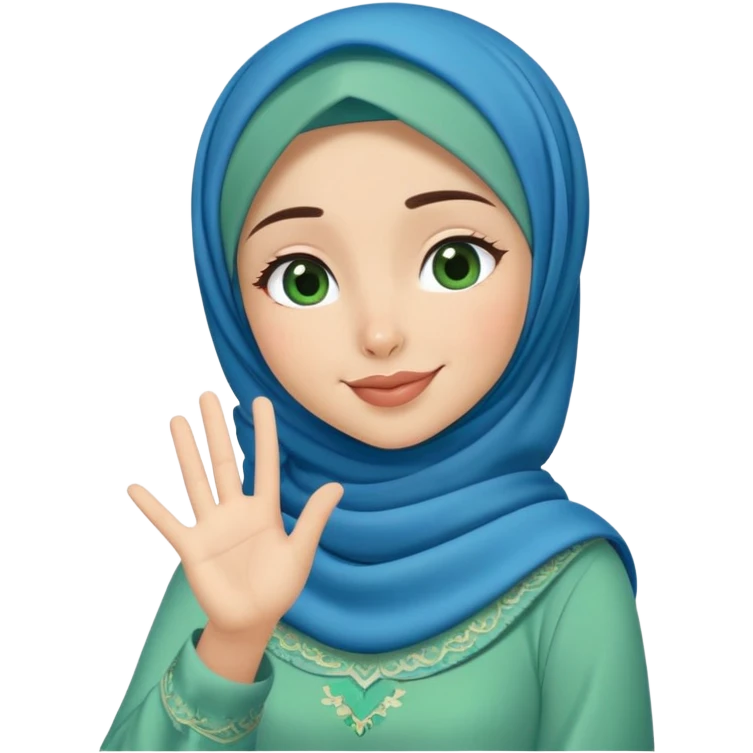 Turkish beautiful finish Konya girl blue hijab and green heart dress and wink her hand goodbye  emoji