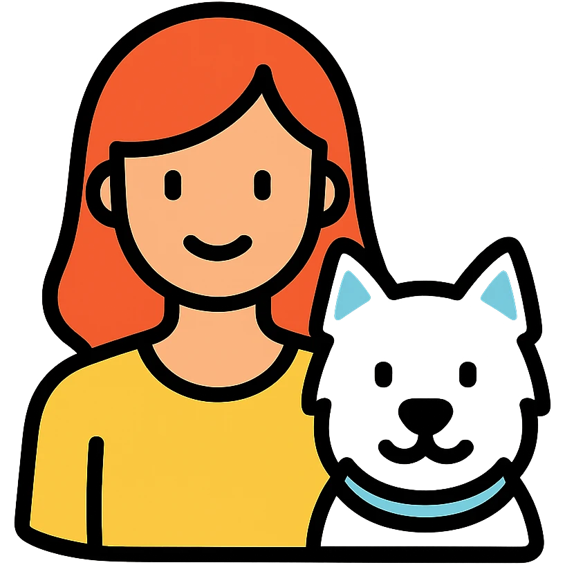 red headed woman with a Westie dog, simple icon style, clear features emoji
