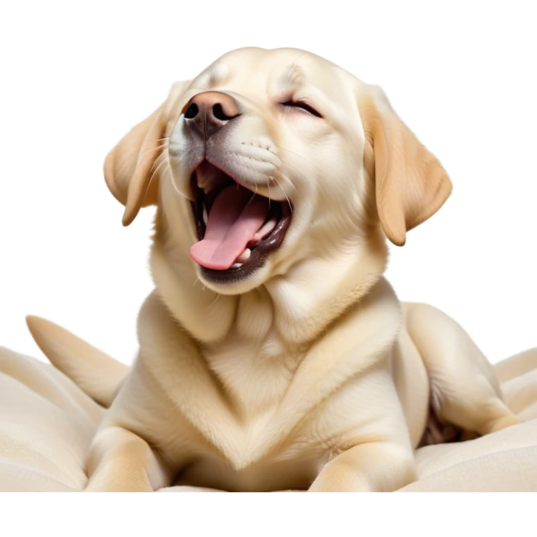 Cinematic Cute Yawning Cream Labrador Portrait Emoji, Head tilted slightly with a dramatic, wide-open yawn, showcasing a smooth cream Fur with a subtle shimmer, floppy ears slightly drooping, round warm eyes barely open in drowsy contentment, Simplified yet irresistibly adorable features, highly detailed, glowing with a soft, cozy glow, high shine, relaxed yet expressive, stylized with a touch of whimsy, bright and endearing, soft glowing outline, capturing the essence of a sleepy yet affectionate companion, so drowsy it feels like it could stretch out of the screen and curl up for a nap! emoji