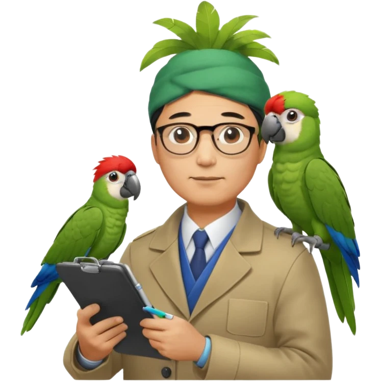 Middle-aged asian male vet – glasses, coat, writing notes on clipboard with parot on head emoji