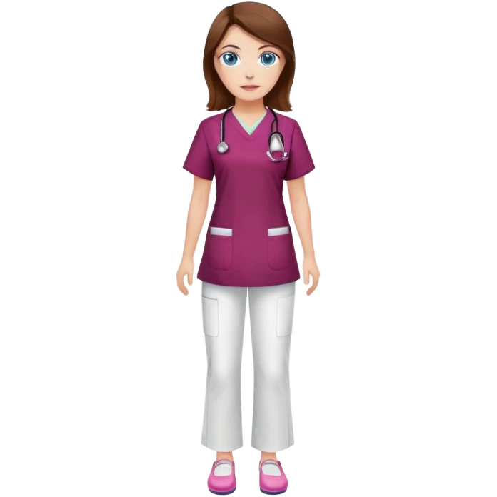 Nurse with brown hair and blue eyes, burgundy tunic, white pants, pink shoes emoji