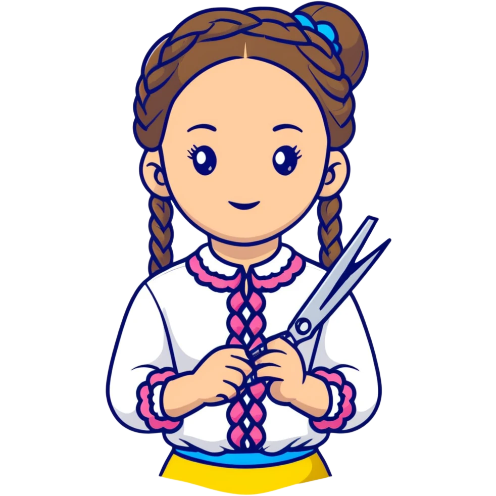 Ukrainian young girl with braided hair wearing a white embroidered traditional shirt (vyshyvanka) holding scissors and colorful craft paper emoji