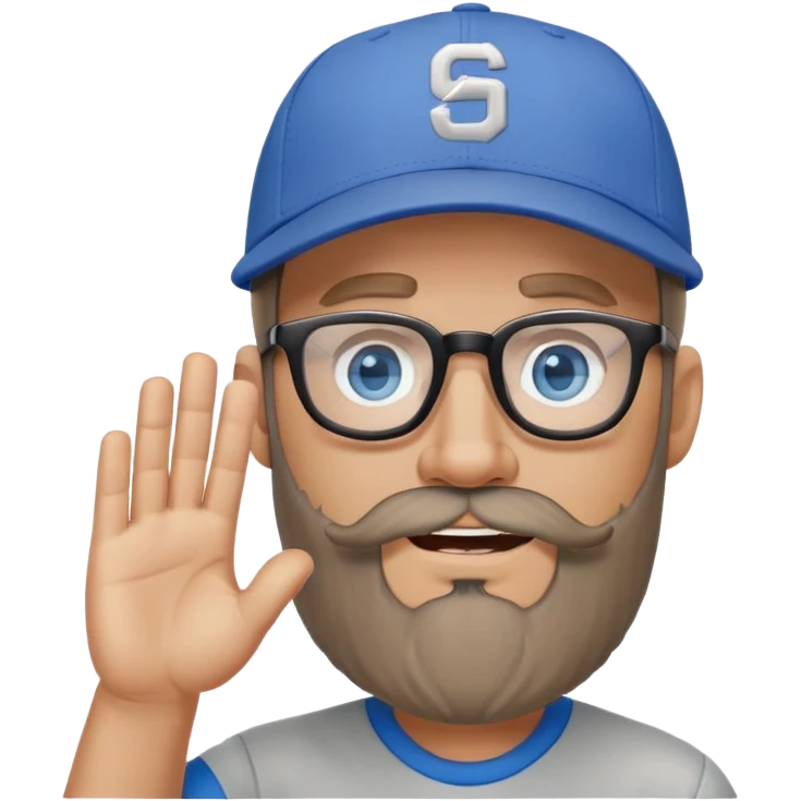 A bold man with a grey baseball cap, blue eyes, big beard and glasses, waving  emoji