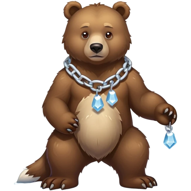 Complete full-length view of serious brown bear standing on four paws, showing entire body from nose to tail, with ice chain around neck emoji