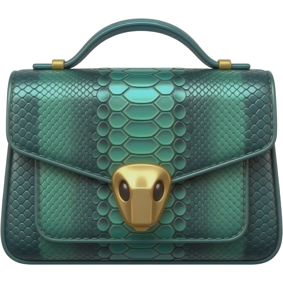 Realistic, mirco-detailed,  leather Snake-embossed patterned bag in a deep emerald colorshifting to teal shade shimmery appearance, with realistic gold embellishments, isolated 3d rendering, 8k hd, no emoji icons no emoji faces  emoji