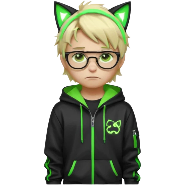 Light blond, slightly messy hair
Black glasses
A black hoodie with cat ears
Neon green details on the jacket and pants (glowing lines and stripes)
An overall hacker / cyberpunk style look
A neutral facial expression (boy )eyes brown) the hood with ears BROWN EYE BROWN EYE but sad emoji