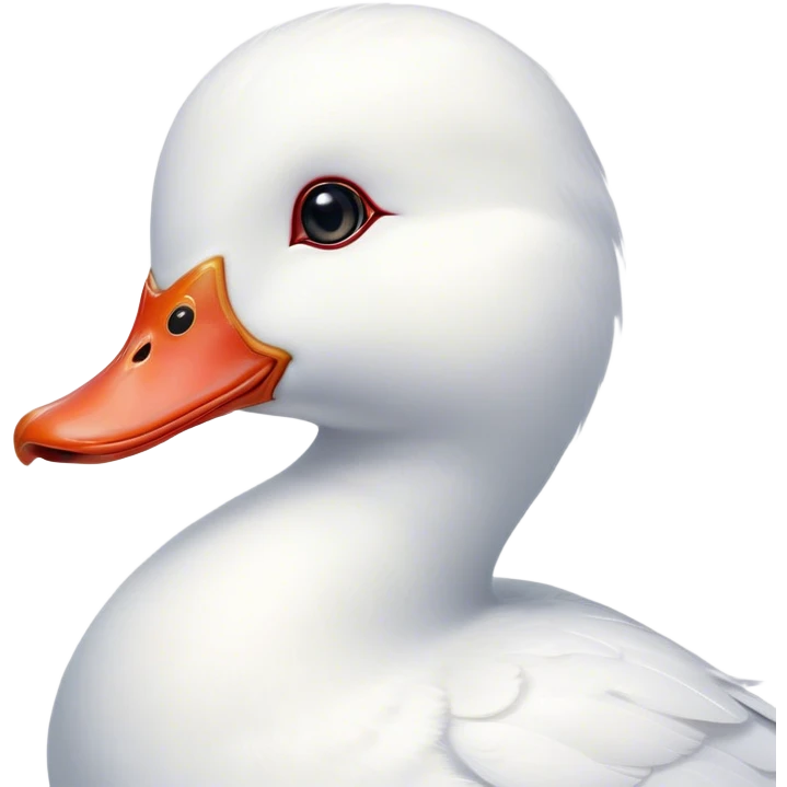 Cinematic Cute White Duck Portrait Emoji, Head tilted playfully and inquisitively, featuring a glossy, immaculate white plumage with a charming red bill, round, sparkling eyes filled with curiosity, Simplified yet irresistibly adorable features, highly detailed, glowing with a warm, friendly glow, high shine, affectionate and lively, stylized with a touch of whimsical charm, bright and endearing, soft glowing outline, capturing the essence of a mischievous yet loving duck, so playful it feels like it could waddle out of the screen and into your arms! emoji