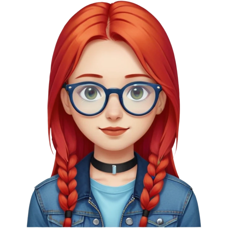 young woman facing forward, long straight bright red hair, blue translucent glasses, black septum ring, black choker necklace, dark denim jacket, calm neutral expression with light smile, cute face, olive white skin emoji