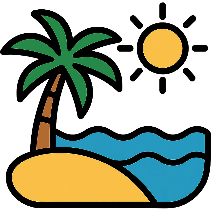 tropical beach vacation with palm tree and sun emoji
