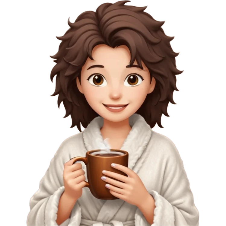 {
      "type": "human",
      "look": "fluffy robe woman, messy hair, holding cup of cocoa",
    } emoji