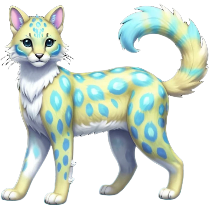 Colorful Iridescent Shiny Pastel Nebulae Glowing Neon Bioluminescent Bright Icy Elemental Pawny Majestic Elegant Thin Long Mature Realistic Liepard-Amaura-Litten-Sprigatito-Caracal-Lynx-Genet-Civet-Glaceon-Pokémon-fusion-creature (full body) emoji