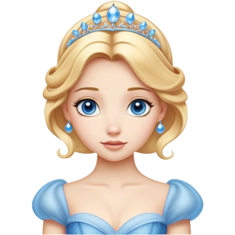 Cinematic Realistic Cute Cinderella Portrait, featuring fair, luminous skin with finely detailed texture and softly lit golden-blonde hair cascading in gentle waves. Her warm, inviting blue eyes sparkle with youthful charm and curiosity, while her classic, elegantly draped ball gown reveals meticulously rendered fabric details and natural folds. The overall composition is bathed in a gentle, realistic radiance that exudes both playfulness and heartfelt beauty. emoji