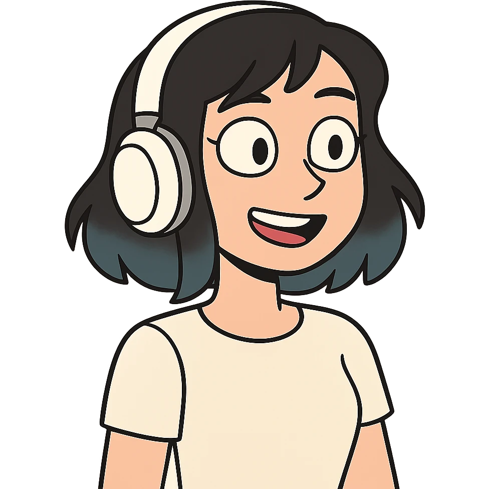 girl with medium black hair with blue tips wearing white headset, colorful cartoon style emoji