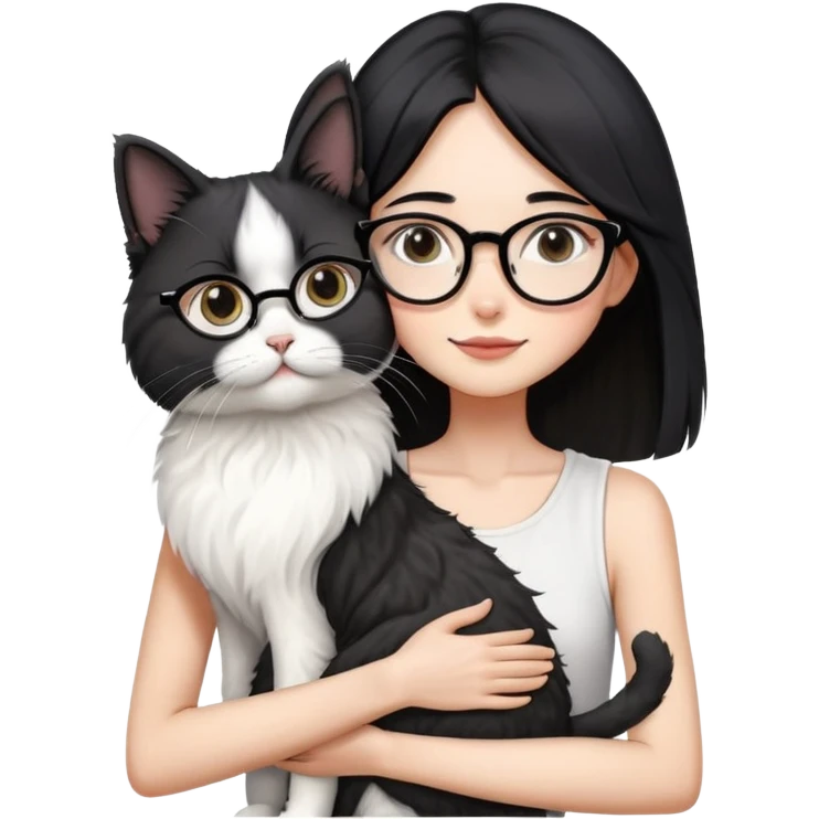 Skinny woman with oval glasses, shoulder length straight black hair, wearing white sleeveless top, hugging a Persian-Angora cat that's gray and white like Oreo cookies, plain background emoji