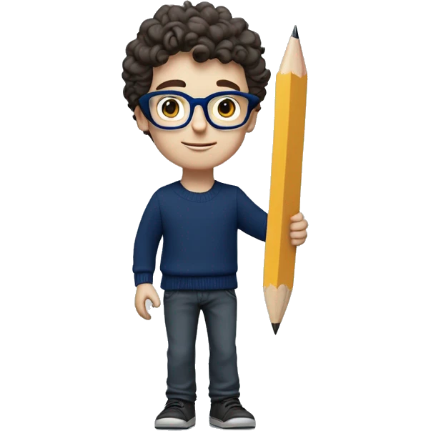 caucasian white boy with dark wavy  hair, blue glasses, and carrying design paper plan because he is an architect carrying a pencil and a set model maquette. wearing a navy blue long sleeve sweater shirt. smart.  emoji