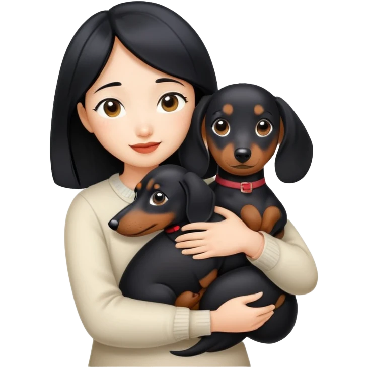 black hair asian girl hugging black dachshund emoji