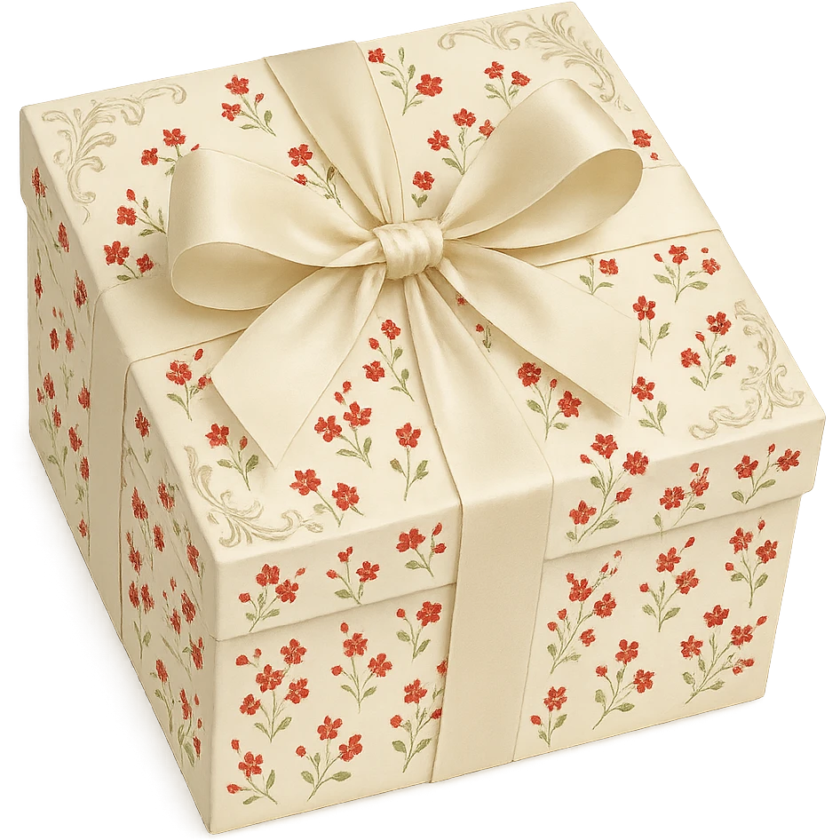 Elegant Rococo pale white red ditsy floral gift box  , remove background emoji