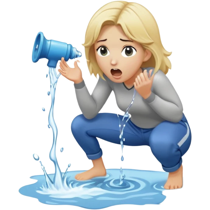 cartoonish blond woman kneeling, surprised expression, wide cartoonish stick with a D-shaped knob coming out of a pair of pants hanging in front of her face, water stream squirting from the flat side of the knob into her open mouth emoji