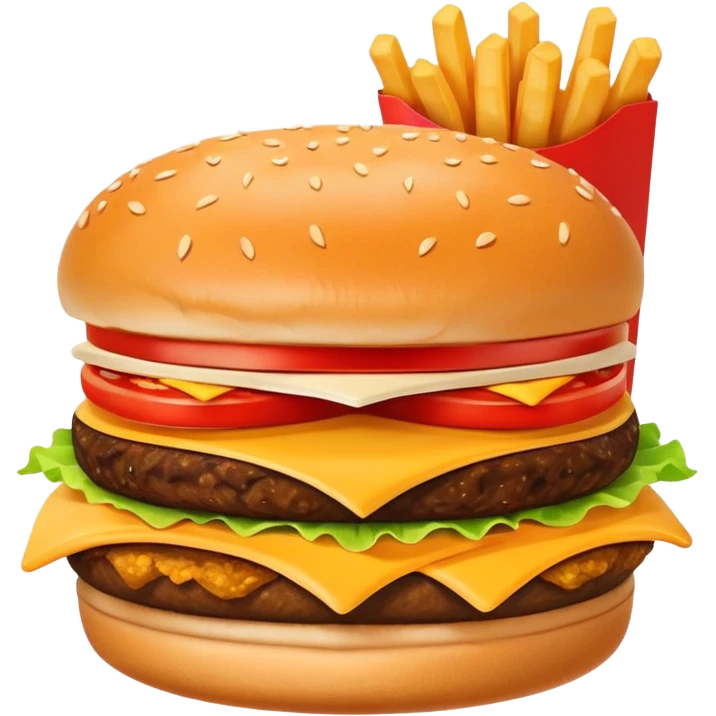 A clean and simple icon of fast food in emoji-style illustration. A burger with fries, nuggets and shawarma, bright and bold colors, simple shapes, flat design, high contrast, inviting and appetizing. emoji