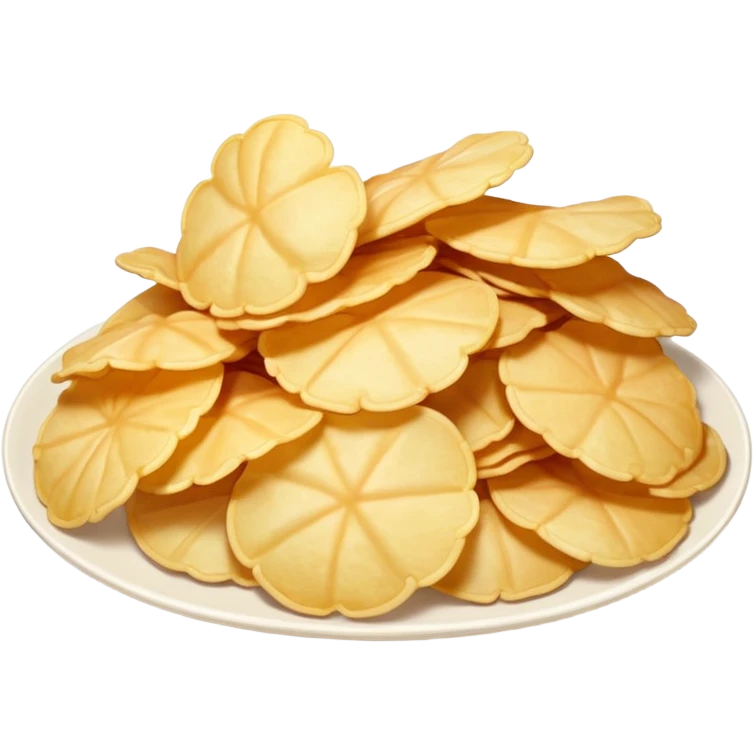 a pile of white prawn crackers shaped like potato chips, airy and puffy, realistic and true to life, emoji style, no faces or expressions emoji