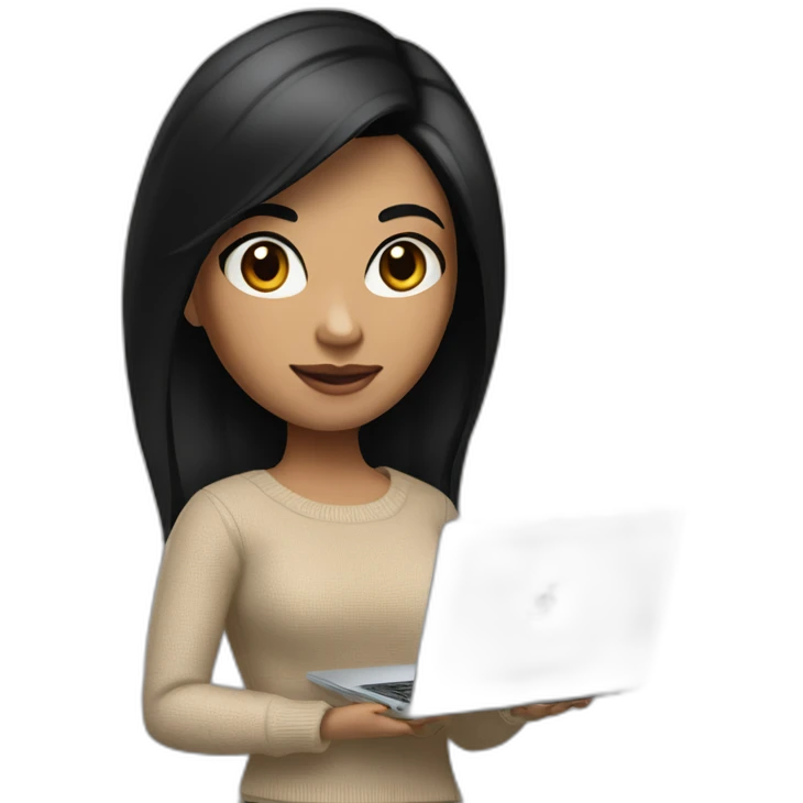 memoji of a female with a modern apple laptop in front, black hair, beige skin, black sweater, computer in hand --ar1:1 emoji