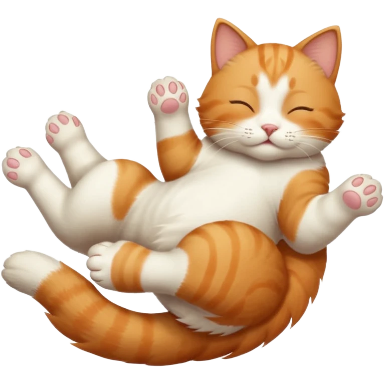 ginger and white small cat eyes closed lying down upside down with paws stretched out straight in different directions emoji