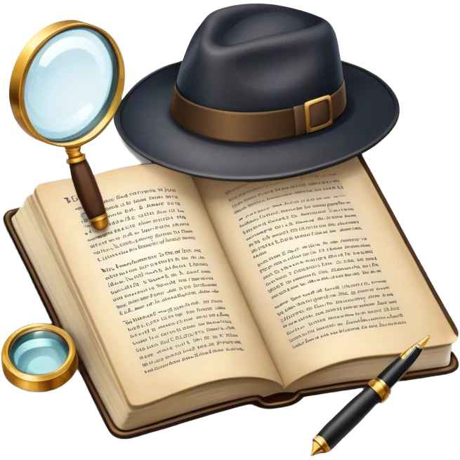 Icon for Detective Reading: an open book with text and one magnifying glass, a detective’s hat and a notebook with clues, surrounded by dark shadows and mysterious elements like footprints. Transparent background. emoji