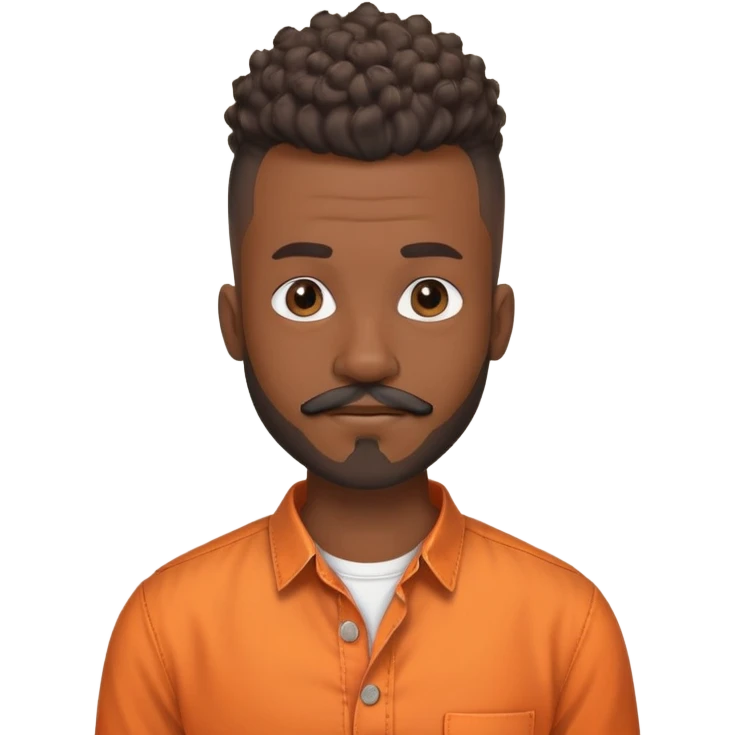 i need a black man with a mohawk in the center and a blad from sides and a beard and a moustache be should be wearing an orange button up shirt with no collar and a round neck and he should be balck and the hairs should be curly emoji